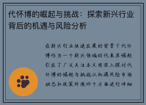 代怀博的崛起与挑战：探索新兴行业背后的机遇与风险分析
