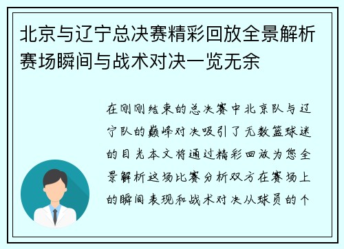 北京与辽宁总决赛精彩回放全景解析赛场瞬间与战术对决一览无余